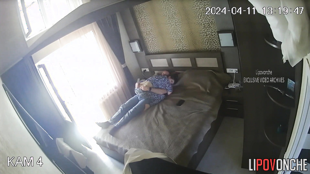 He gently stroking her back and butt / spy camera
