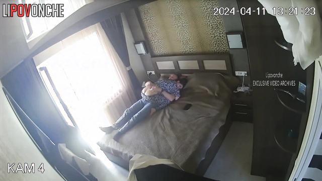 He gently stroking her back and butt / spy camera