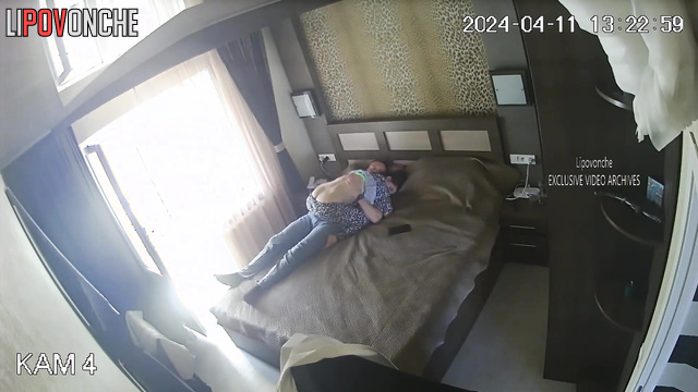 He gently stroking her back and butt / spy camera