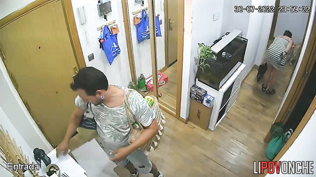 Pregnant woman, her husband and dog came back from a walk