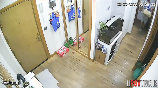 Pregnant woman, her husband and dog came back from a walk