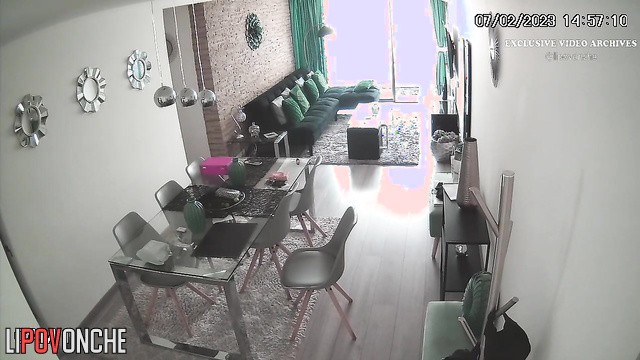 Brunette always smokes in the morning right in the living room