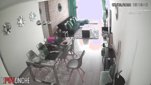 Brunette always smokes in the morning right in the living room