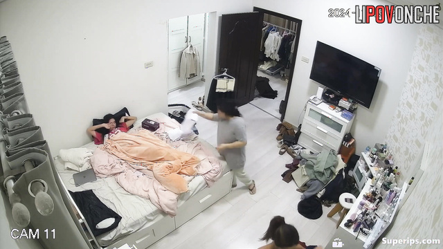 Bored sisters watch as a skinny girl with small breasts changes clothes