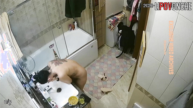 Tattooed husband licks ass and fucks his wife right in the bathroom