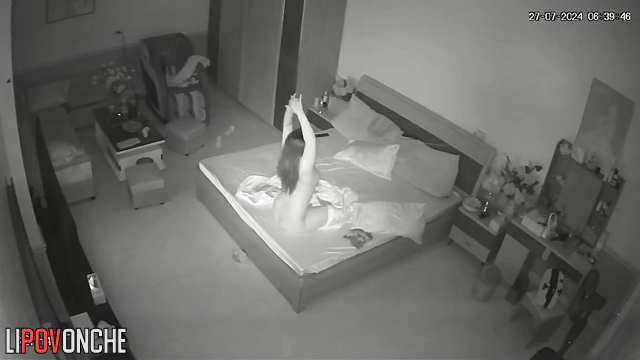 Beauty just woke up and is stretching / hidden cam
