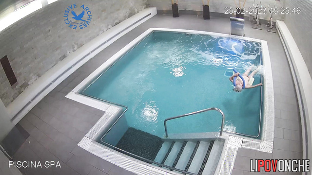 For some reason, granny swimming naked in the pool