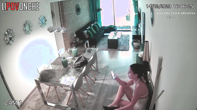 Husband hugging his naked wife after work / living room cam