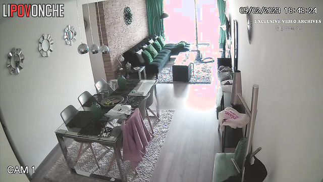 Beauty busty lady eating naked / living room solo